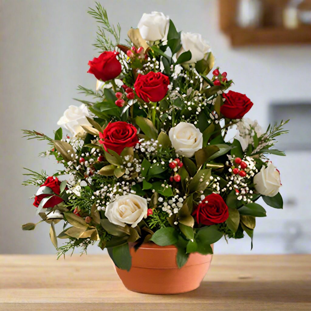 12 Red and White Roses in Elegant Ceramic Vase