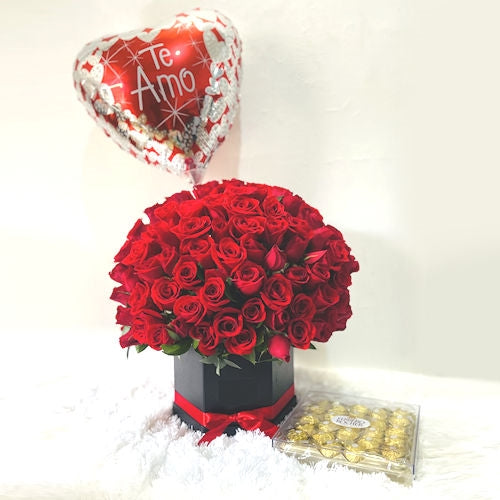 100 red roses in box, balloon, box of 24 Ferreros