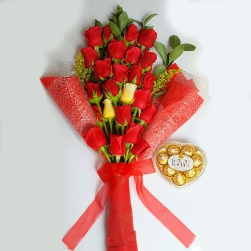 24 red roses bouquet with chocolates