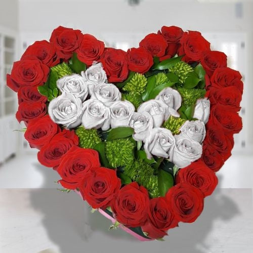 38 red & white roses heart shape