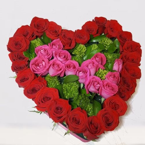 38 red & pink roses heart shape