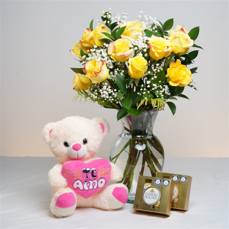 Two dozen yellow roses, teddy bear and ferreros