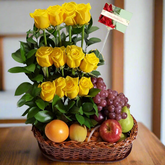 One dozen yellow roses and fruits baskets