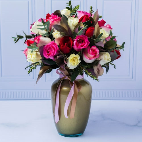 Golden vase  40 pink, white, fuchsia roses