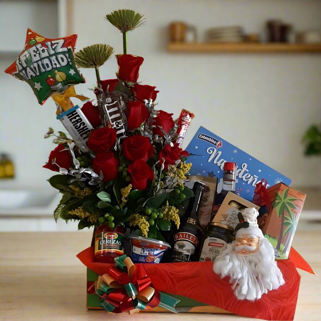 Christmas Gift Basket with Red Roses, Baileys, Aguardiente, and Chocolates