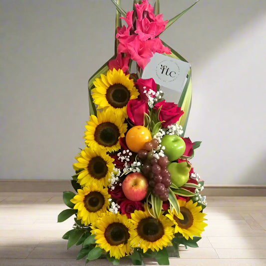 Elegant Sunflower and Rose Arrangement with Fruits