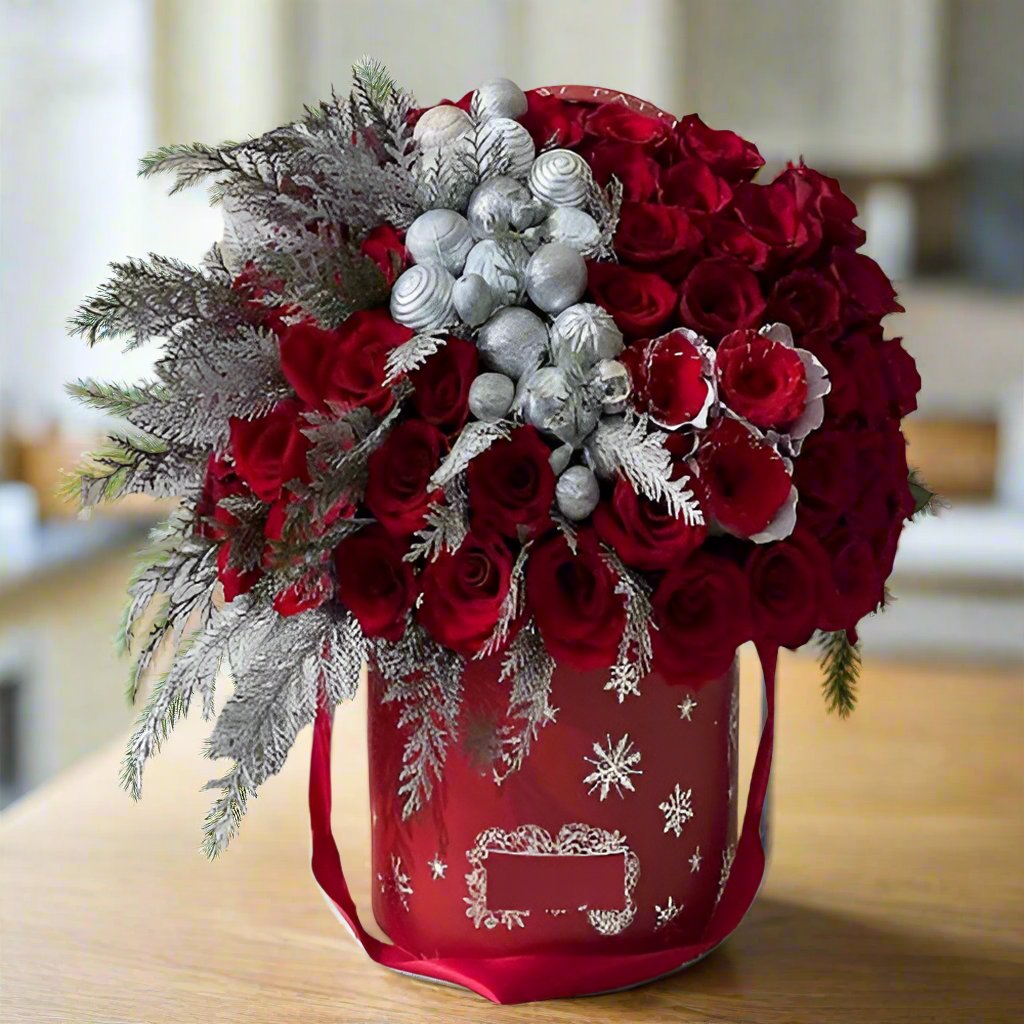 Luxury Christmas Arrangement with Red Roses and Silver Ornaments