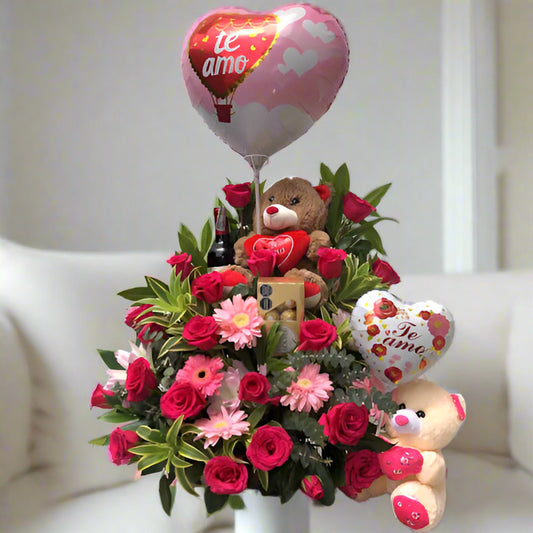 Special Romantic Arrangement with Roses, Wine, Teddy Bears, Ferreros and Balloons