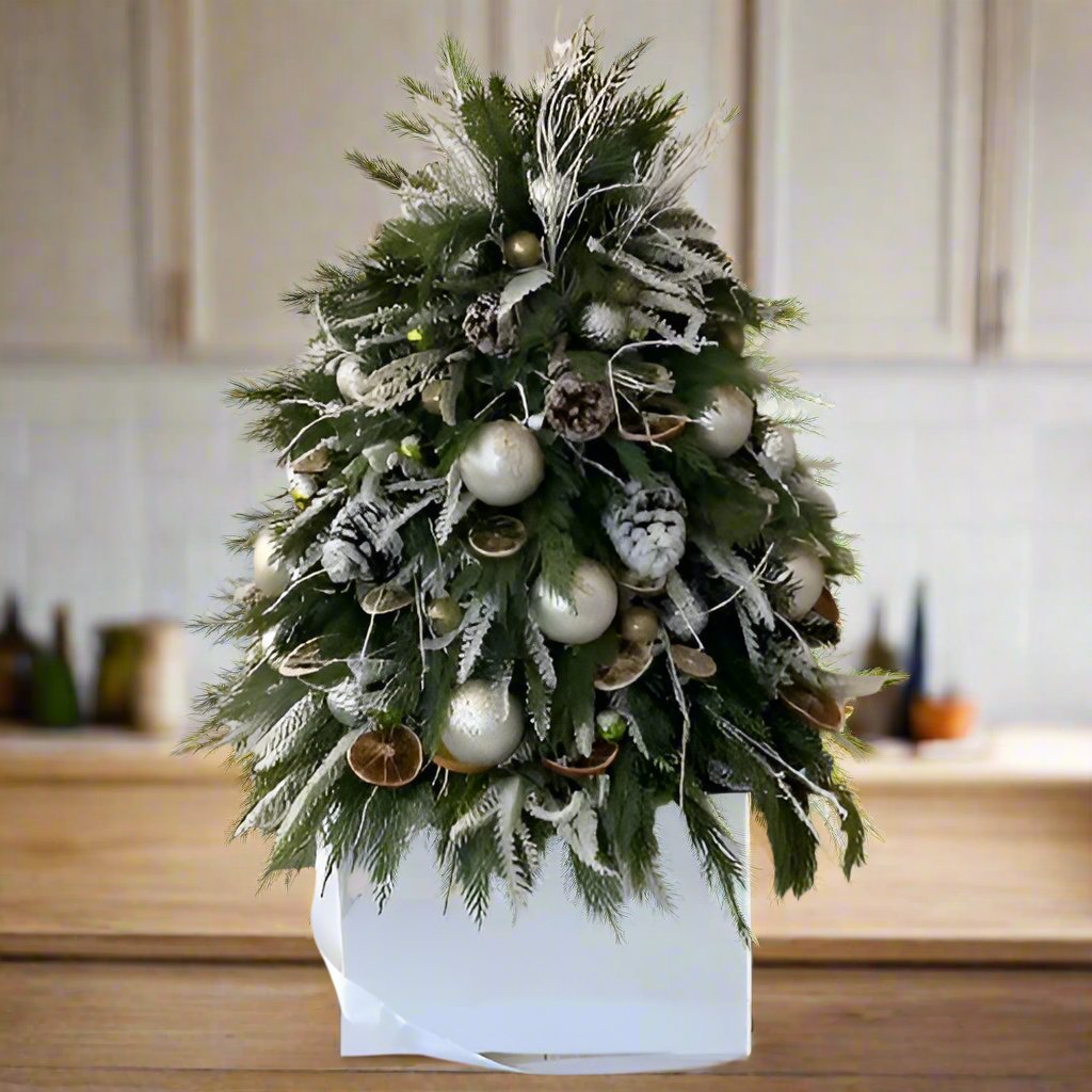 Tabletop Christmas Tree with Pinecones, Ornaments, and Dried Oranges