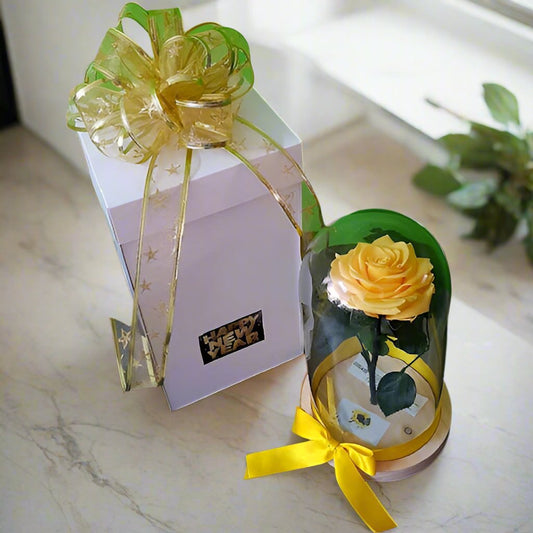 Preserved Yellow Rose in Glass Dome with Happy New Year Gift Box