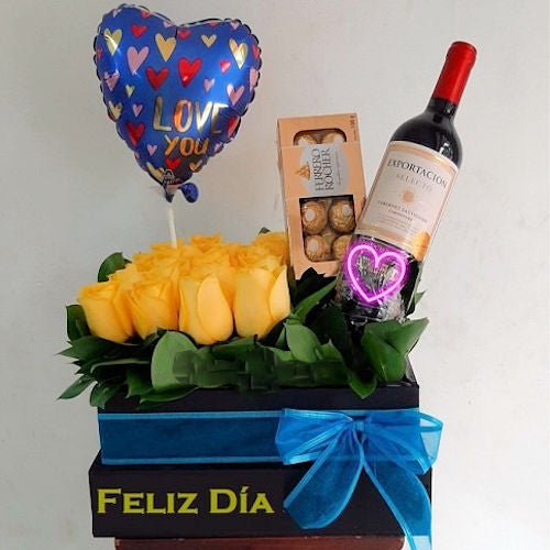 Luxury box of 12 yellow roses with wine and chocolates