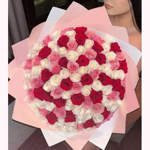 Exquisite Bouquet of 100 Red, Pink, and White Roses - Trendy Floral Arrangement for Delivery in Cali