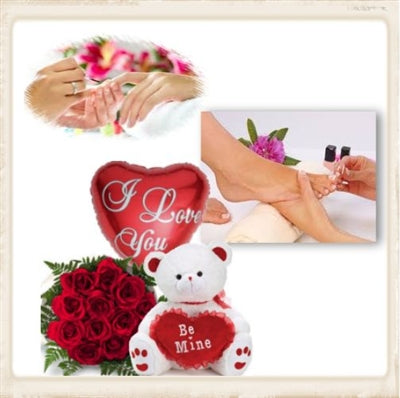 Manicure, Pedicure, Bouquet of dozen roses, Teddy bear, and balloon available for delivery in Bogotá